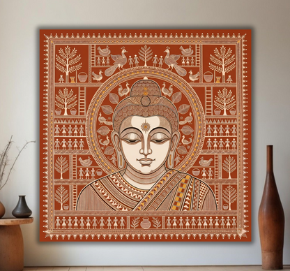 Tribal Serenity: Warli-Inspired Traditional Buddha Canvas Art Print