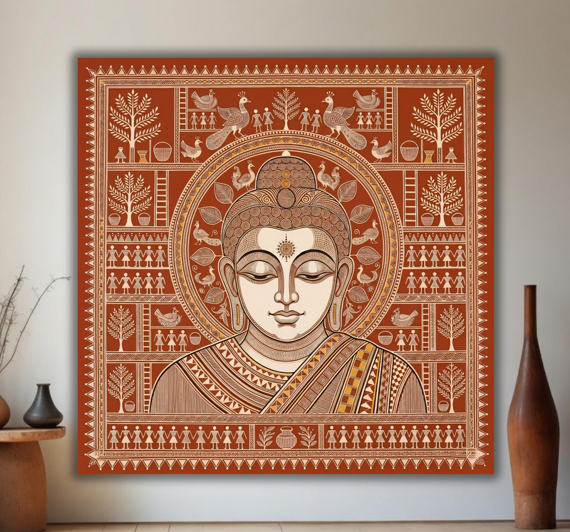 Tribal Serenity: Warli-Inspired Traditional Buddha Canvas Art Print