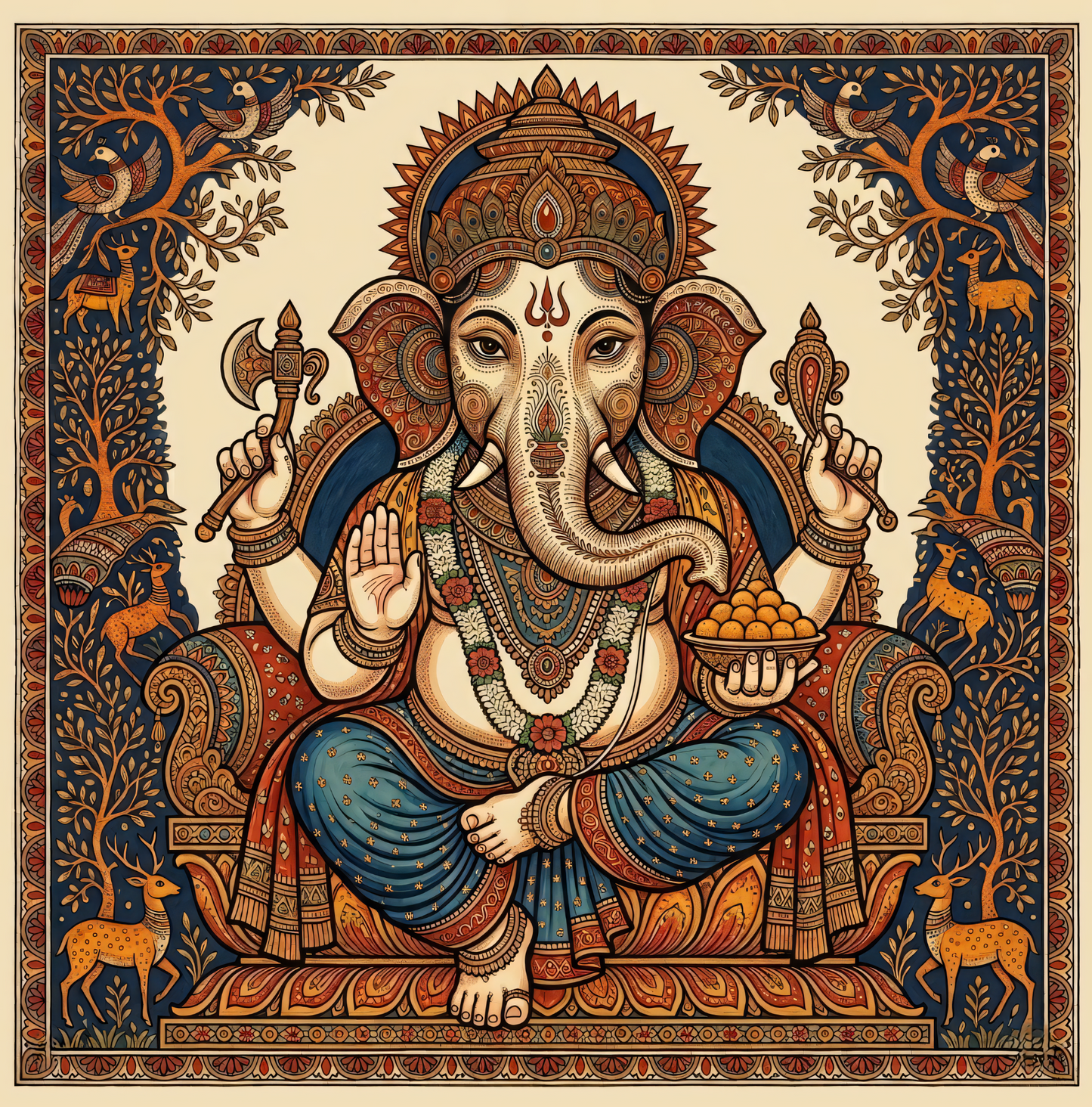Wisdom of the Forest: Heritage Style Detailed Ganesha Folk Art Canvas Print