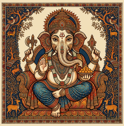Wisdom of the Forest: Heritage Style Detailed Ganesha Folk Art Canvas Print