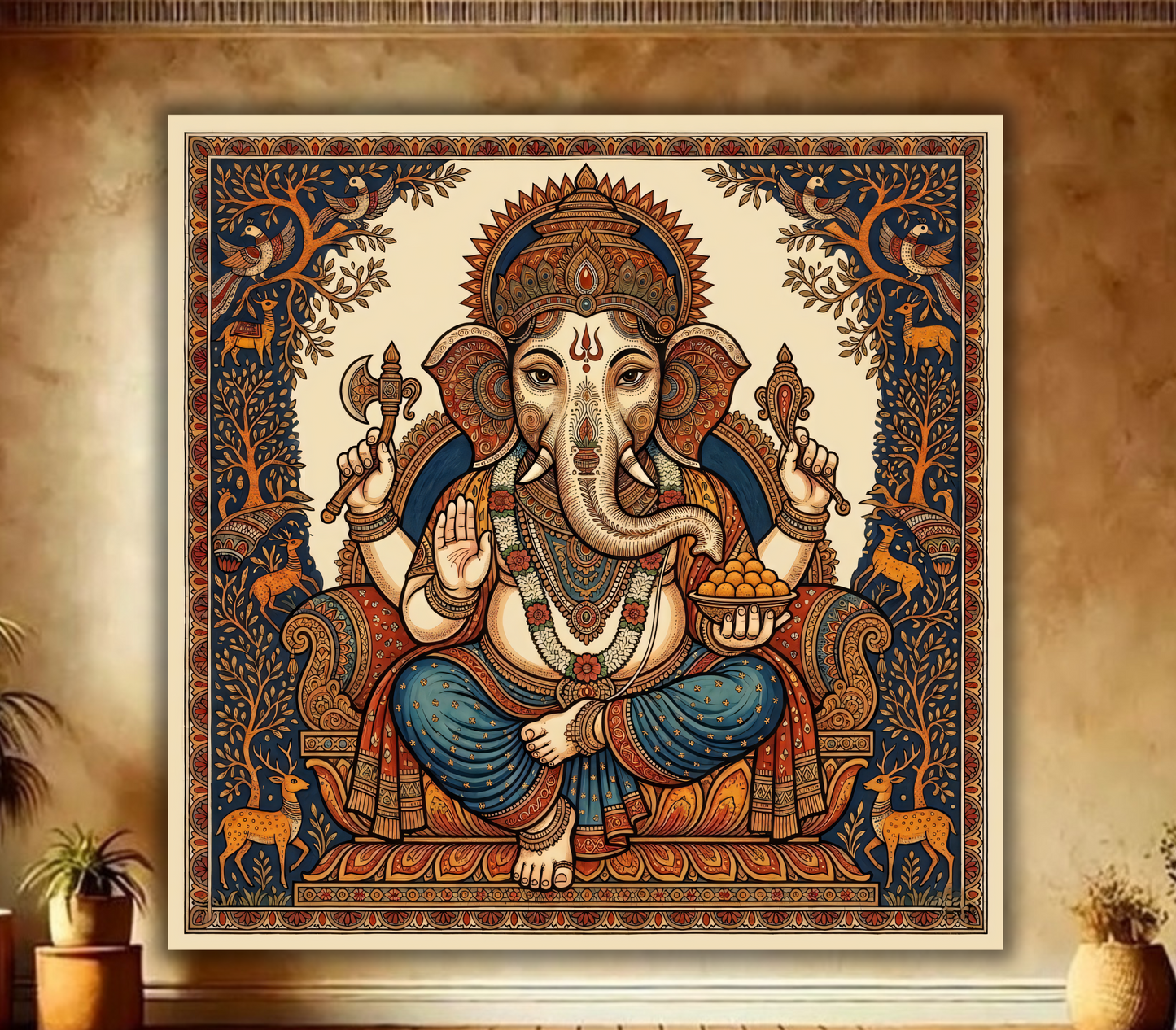Wisdom of the Forest: Heritage Style Detailed Ganesha Folk Art Canvas Print