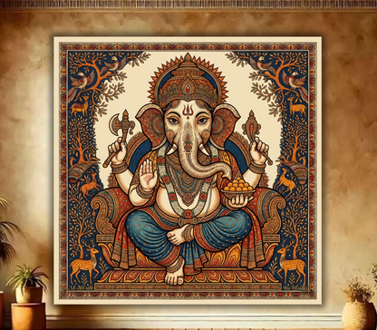 Wisdom of the Forest: Heritage Style Detailed Ganesha Folk Art Canvas Print