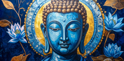 Oceanic Enlightenment: Blue and Gold Buddha Panoramic Canvas Art Print