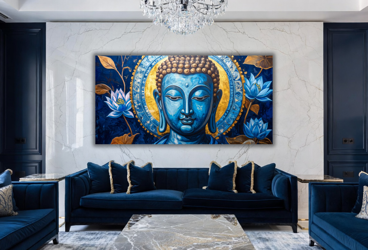 Oceanic Enlightenment: Blue and Gold Buddha Panoramic Canvas Art Print