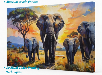 Savanna Matriarch: Impressionist Elephant Herd Panoramic Canvas Art Print