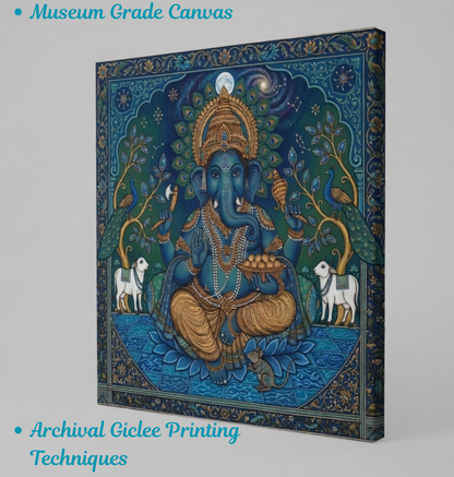 Celestial Blessings: Ornate Midnight Blue Ganesha Canvas Art Print