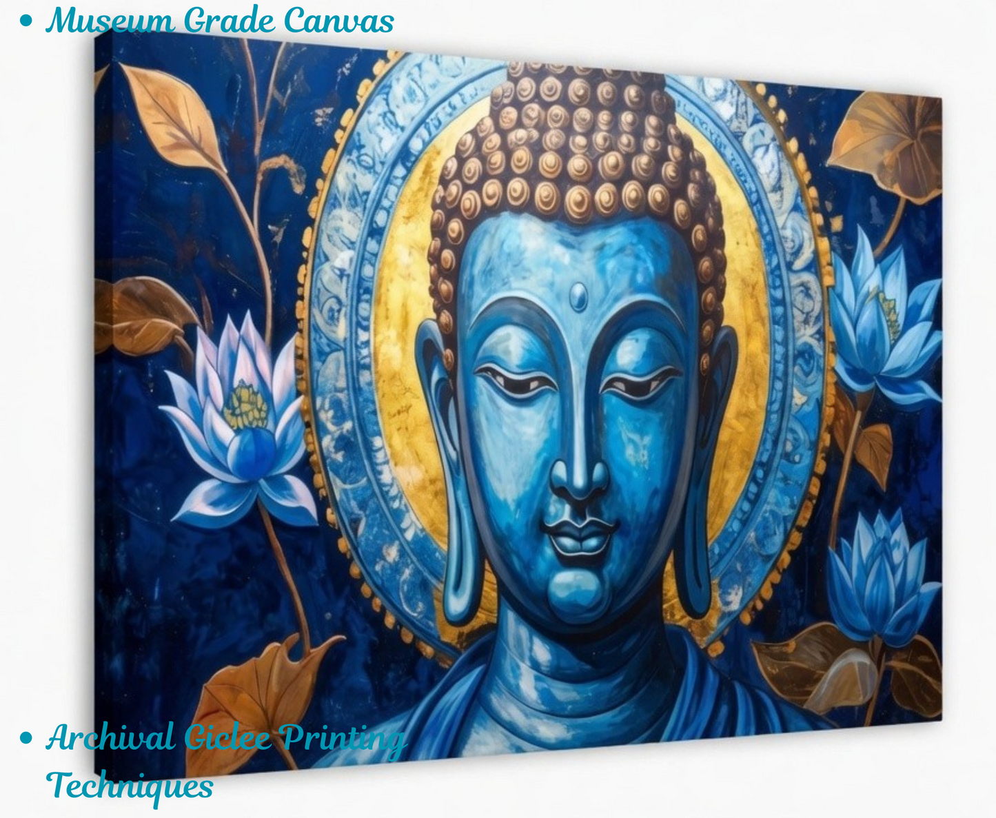 Oceanic Enlightenment: Blue and Gold Buddha Panoramic Canvas Art Print