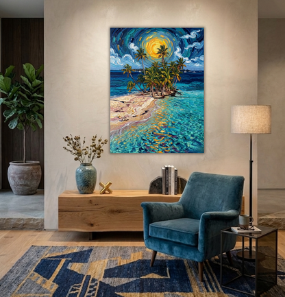 Tropical Starry Night: Van Gogh-Inspired Island Canvas Art Print