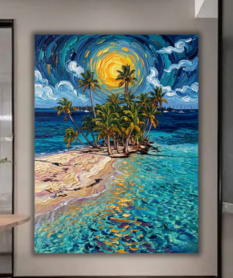 Tropical Starry Night: Van Gogh-Inspired Island Canvas Art Print