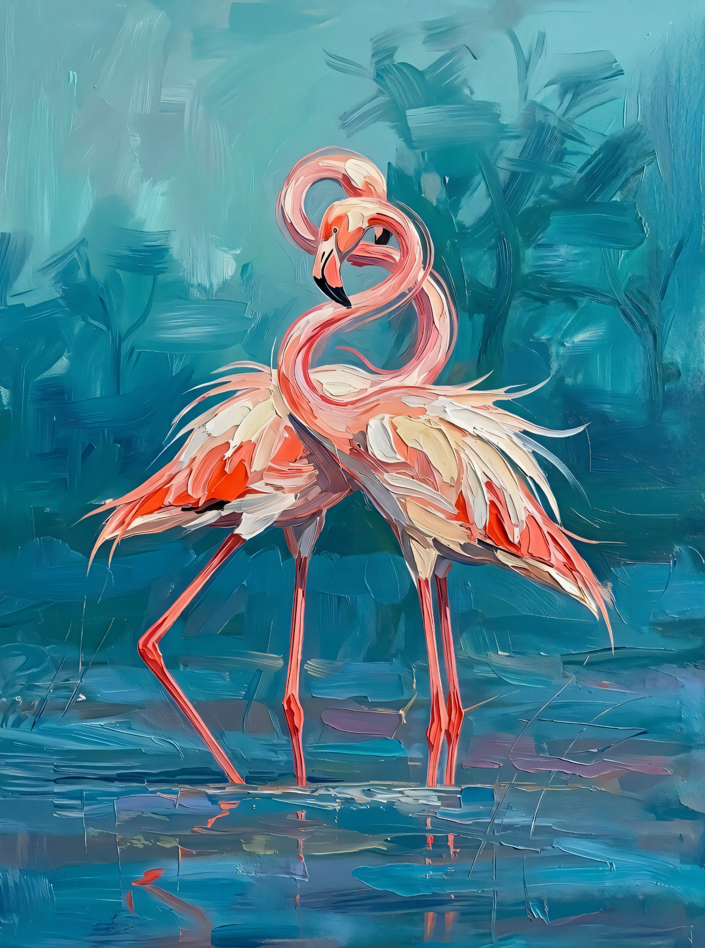 Flamingo Romance: Expressionist Pink Flamingo Couple Canvas Art Print