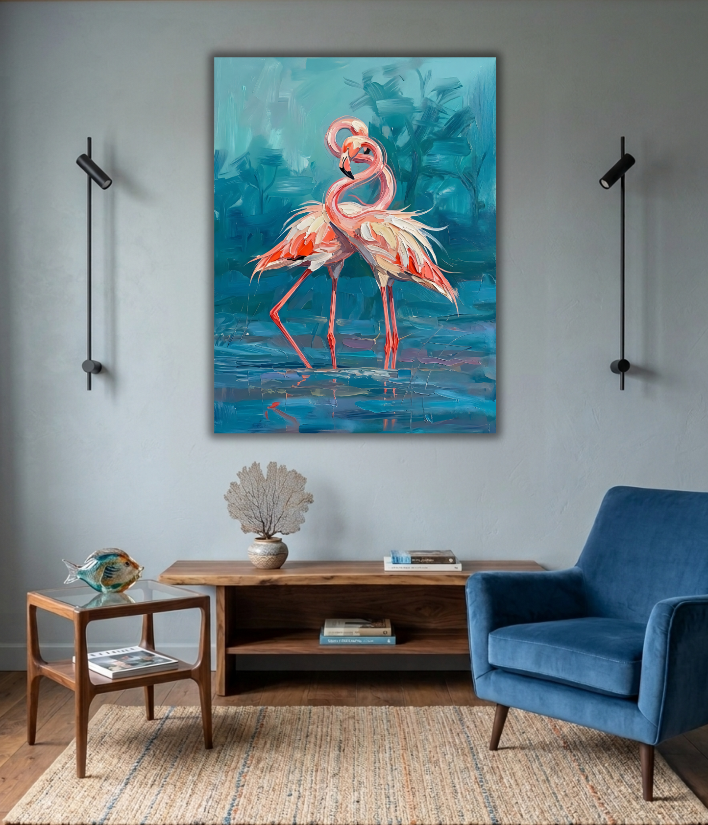 Flamingo Romance: Expressionist Pink Flamingo Couple Canvas Art Print