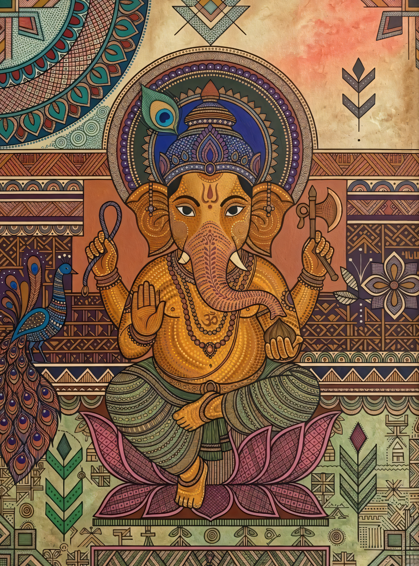 Sacred Beginnings: Gond-Inspired Detailed Lord Ganesha Canvas Art Print