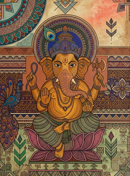Sacred Beginnings: Gond-Inspired Detailed Lord Ganesha Canvas Art Print
