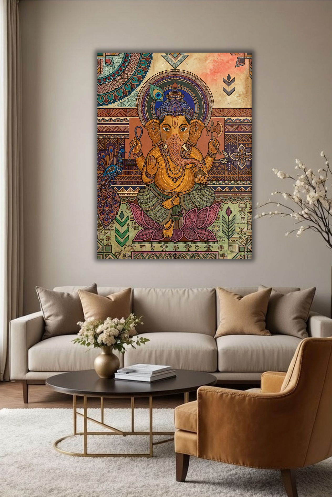 Sacred Beginnings: Gond-Inspired Detailed Lord Ganesha Canvas Art Print
