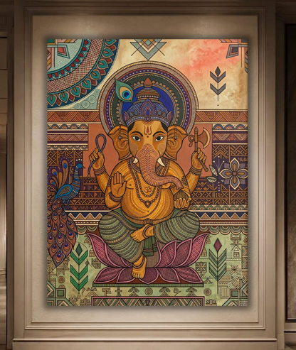 Sacred Beginnings: Gond-Inspired Detailed Lord Ganesha Canvas Art Print
