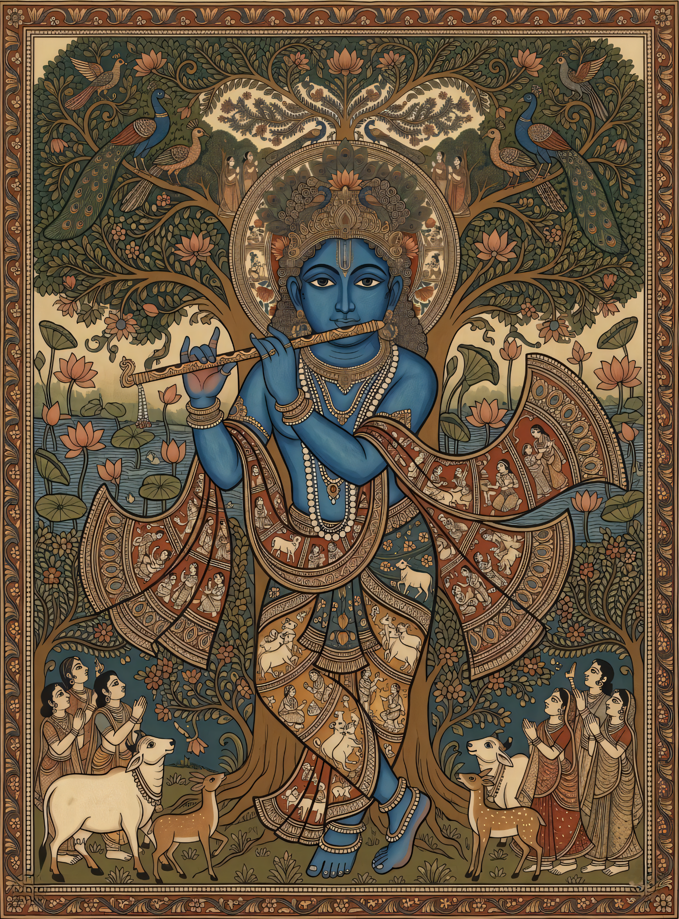 Vrindavan Symphony: Traditional Pichwai-Inspired Lord Krishna Canvas Art Print
