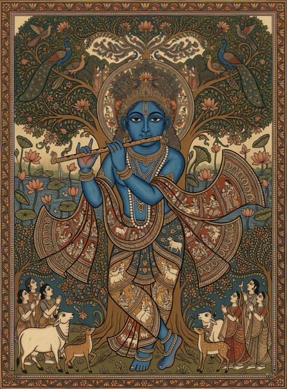 Vrindavan Symphony: Traditional Pichwai-Inspired Lord Krishna Canvas Art Print