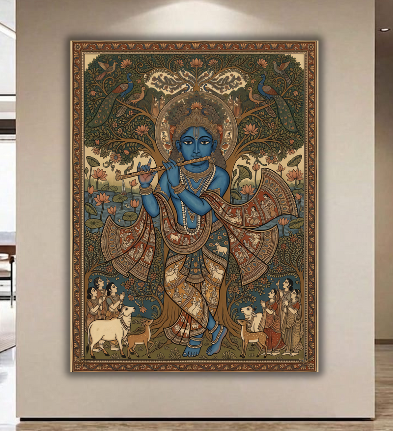 Vrindavan Symphony: Traditional Pichwai-Inspired Lord Krishna Canvas Art Print