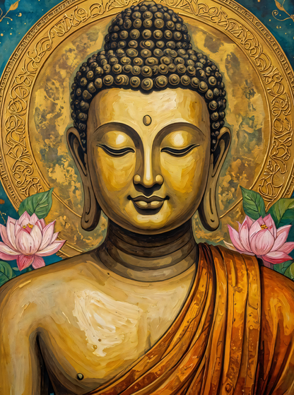 Luminous Awakening: Textured Gold and Teal Buddha Canvas Art Print