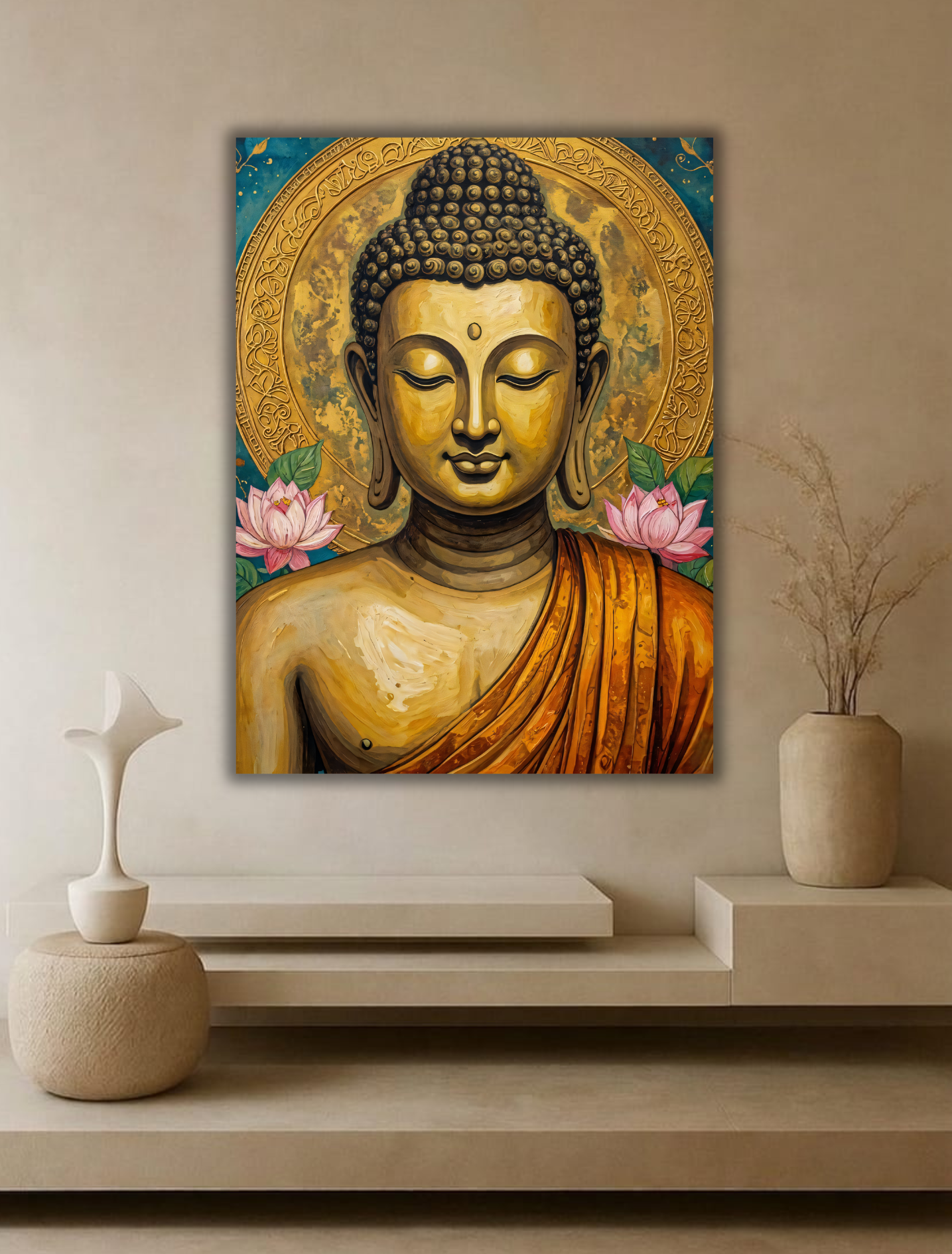 Luminous Awakening: Textured Gold and Teal Buddha Canvas Art Print
