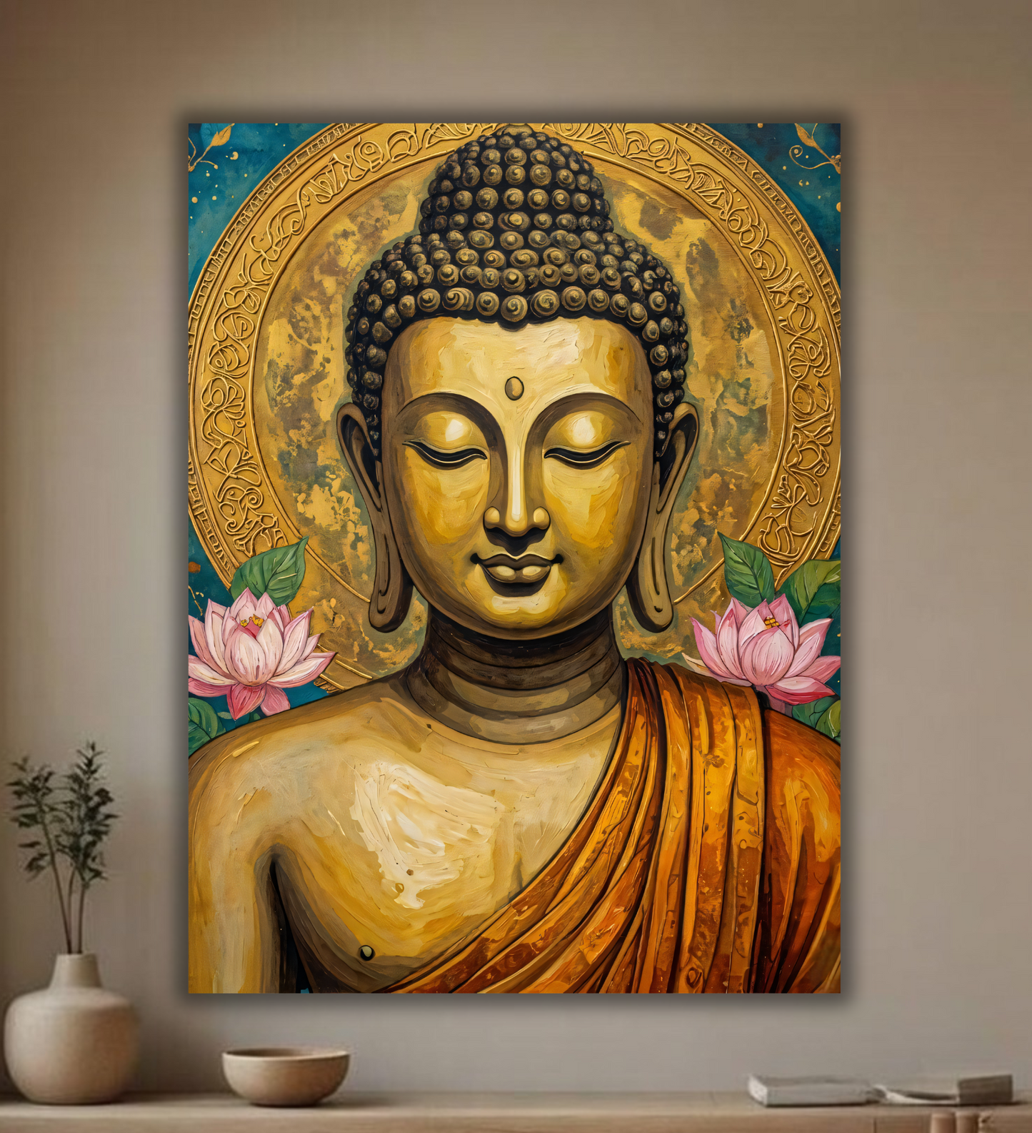 Luminous Awakening: Textured Gold and Teal Buddha Canvas Art Print