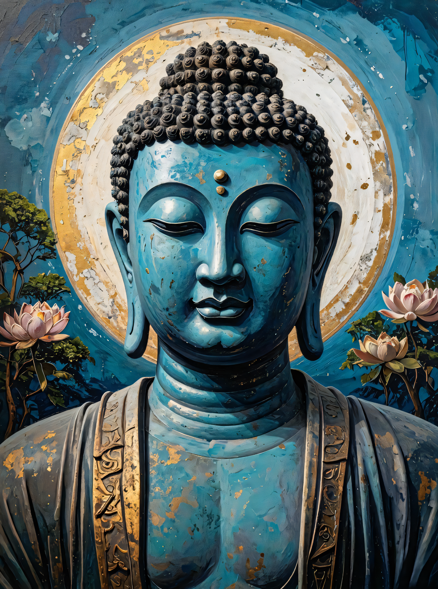 Celestial Turquoise: Textured Teal and Gold Buddha Canvas Art Print
