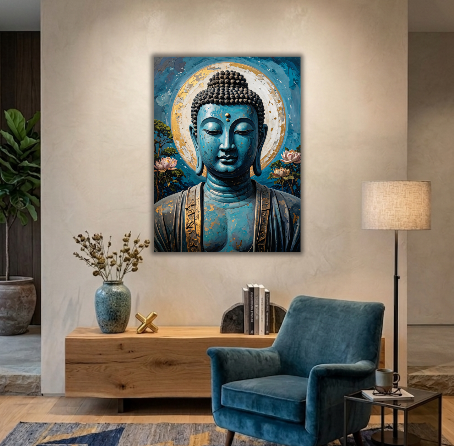 Celestial Turquoise: Textured Teal and Gold Buddha Canvas Art Print