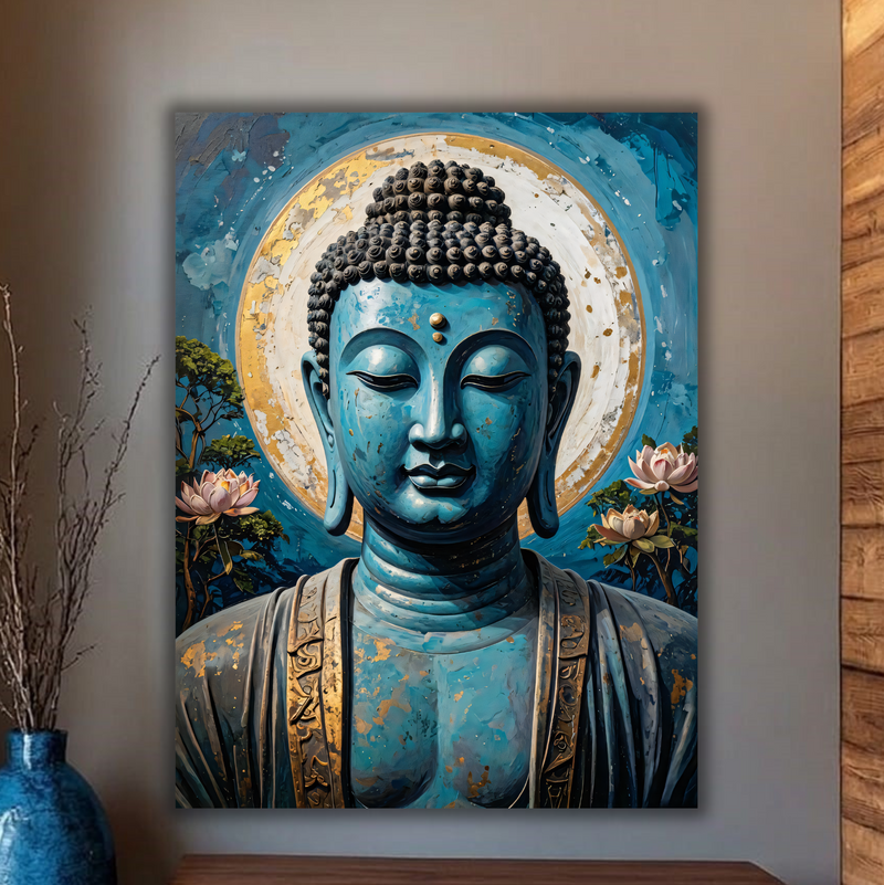 Celestial Turquoise: Textured Teal and Gold Buddha Canvas Art Print