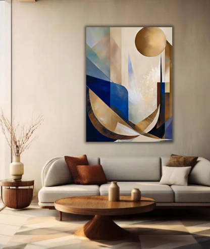 Celestial Voyage: Mid-Century Modern Blue and Gold Geometric Canvas Art Print