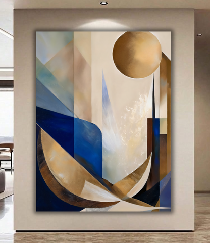 Celestial Voyage: Mid-Century Modern Blue and Gold Geometric Canvas Art Print