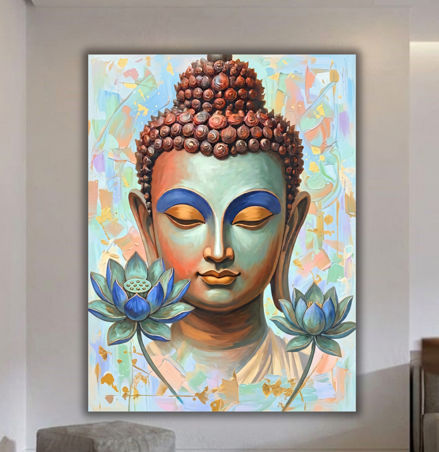 Cobalt Lotus Serenity: Premium Textured Expressionist Buddha Canvas Print