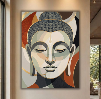 Serenity in Form: Minimalist Terracotta and Sage Buddha Face Wall Art