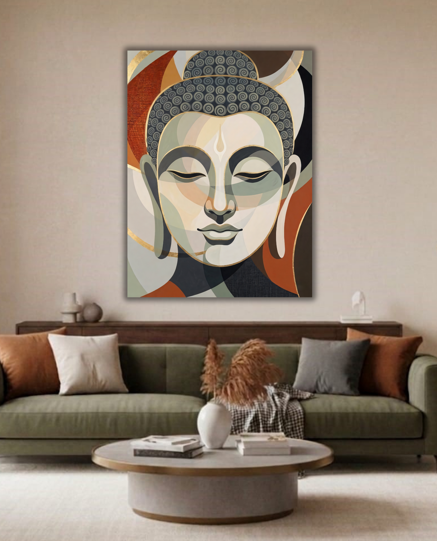 Serenity in Form: Minimalist Terracotta and Sage Buddha Face Wall Art