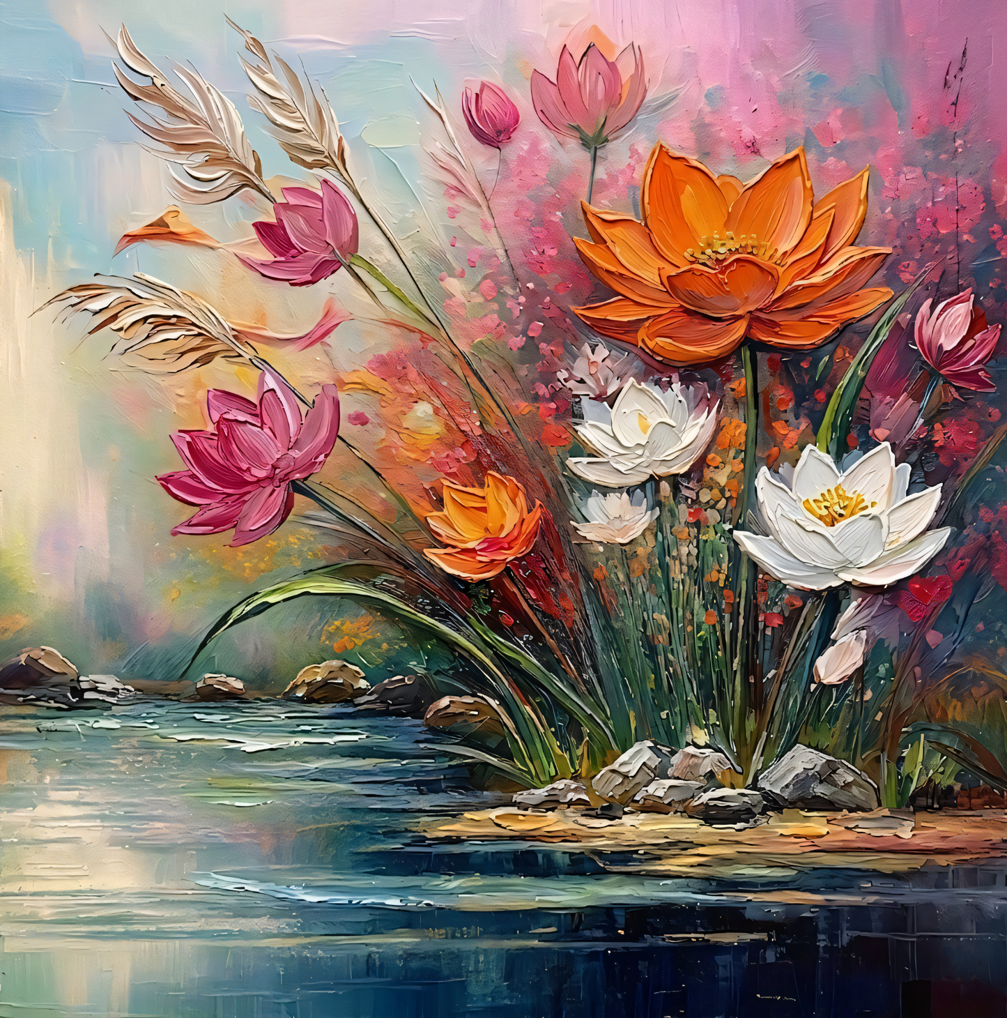 Riverbank Blossoms: Expressionist Heavy Texture Impasto Floral Canvas Art Print