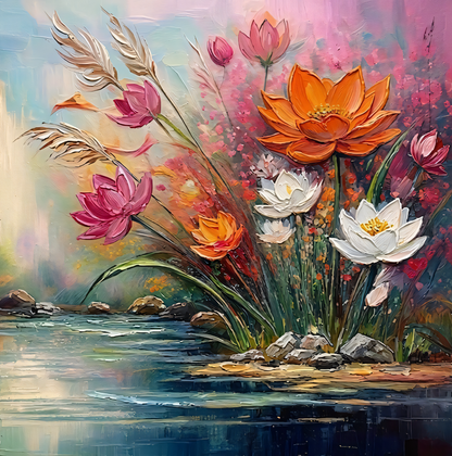 Riverbank Blossoms: Expressionist Heavy Texture Impasto Floral Canvas Art Print