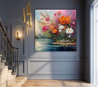 Riverbank Blossoms: Expressionist Heavy Texture Impasto Floral Canvas Art Print