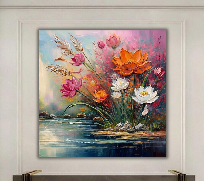 Riverbank Blossoms: Expressionist Heavy Texture Impasto Floral Canvas Art Print