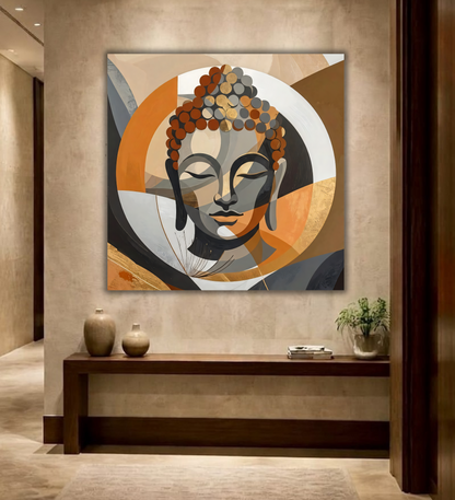 Zen Convergence: Minimalist Terracotta and Charcoal Buddha Face Wall Art