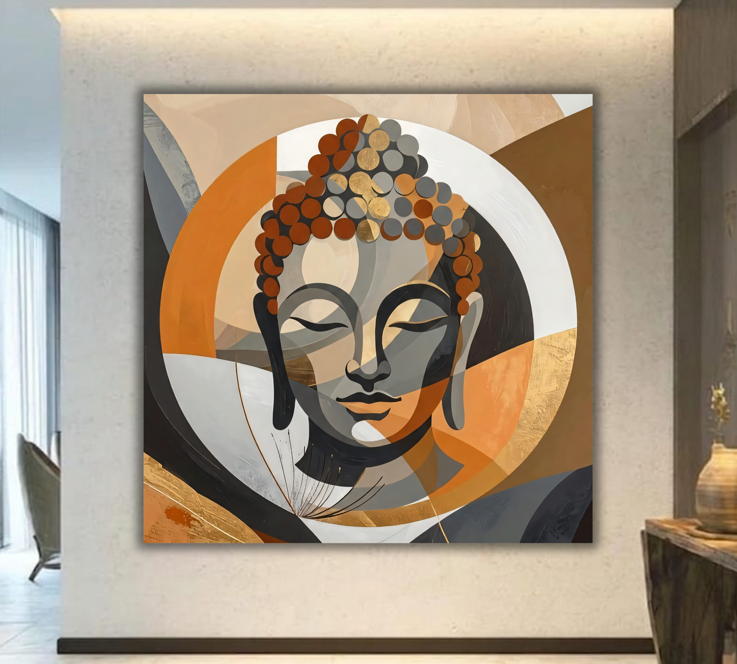 Zen Convergence: Minimalist Terracotta and Charcoal Buddha Face Wall Art