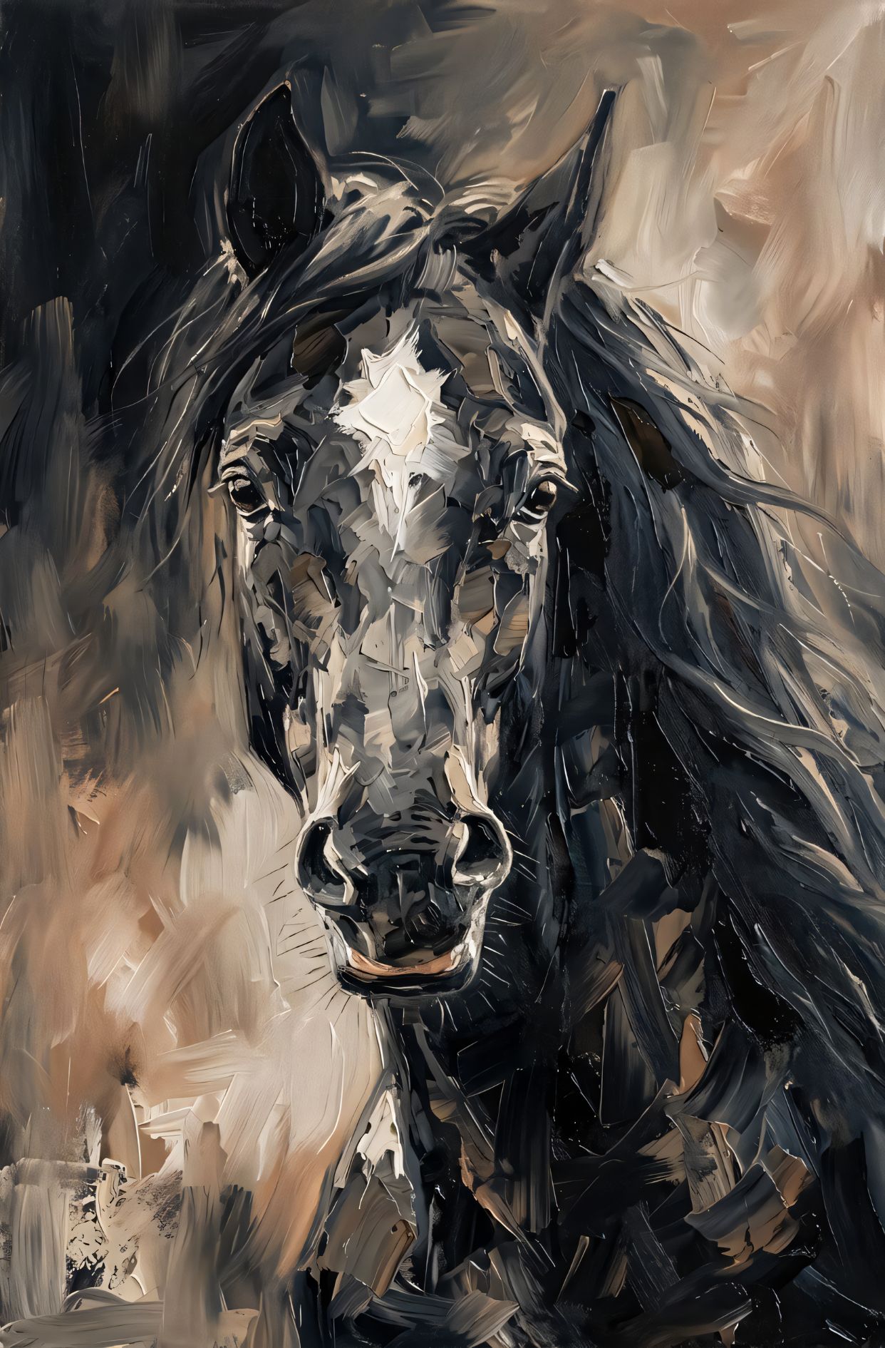 Midnight Gallop: Modern Expressionist Stallion Portrait Wall Art