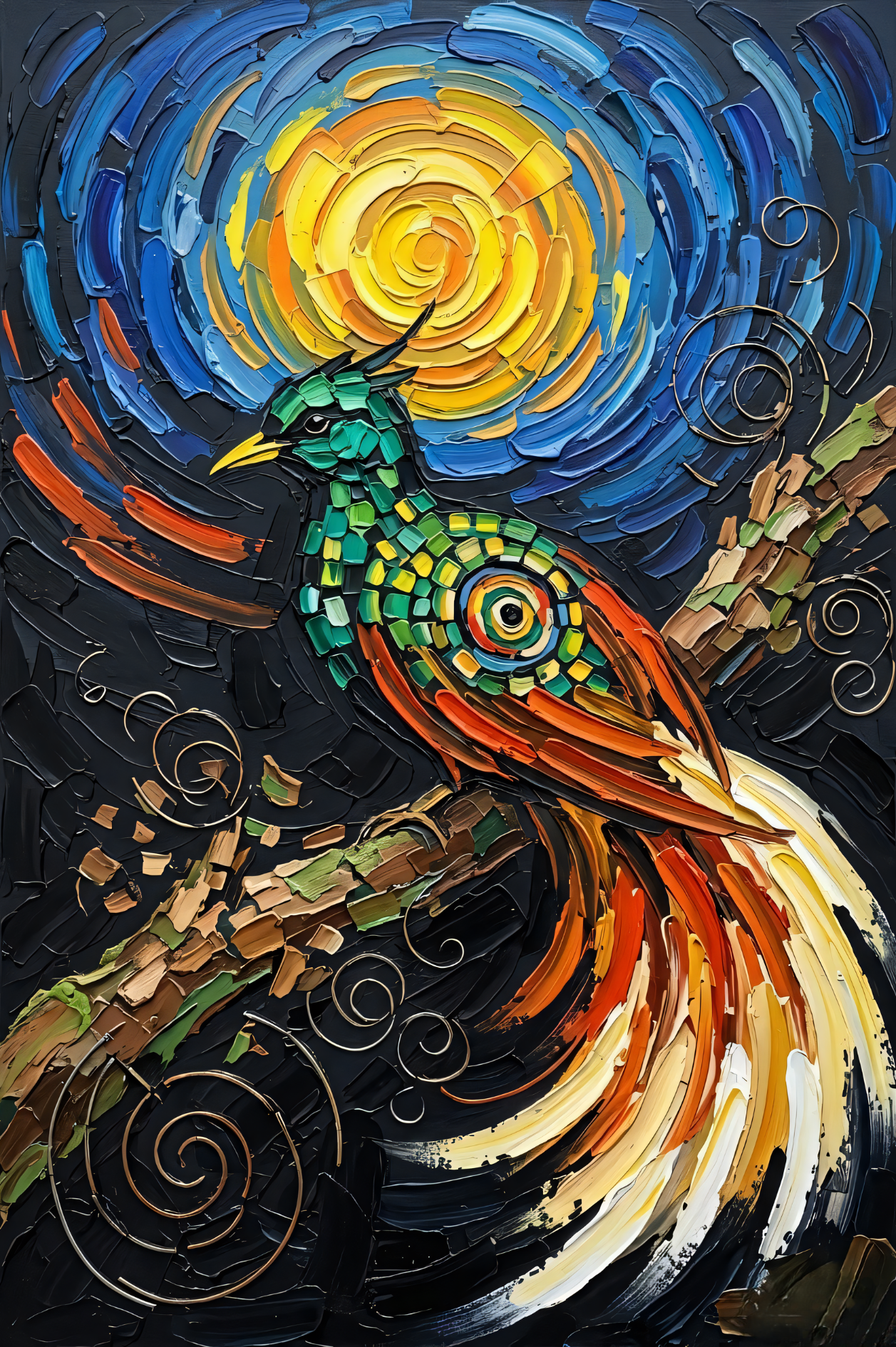 Starry Resplendence: Post-Impressionist Mosaic Bird Wall Art
