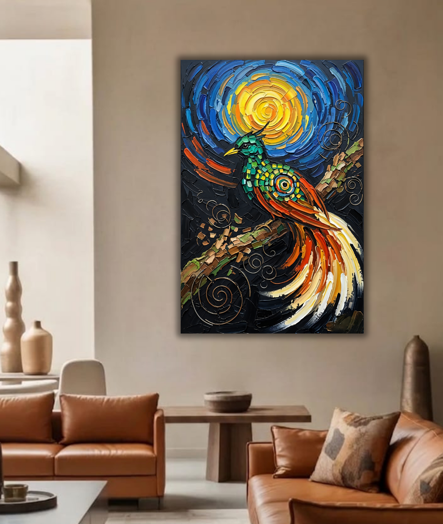 Starry Resplendence: Post-Impressionist Mosaic Bird Wall Art
