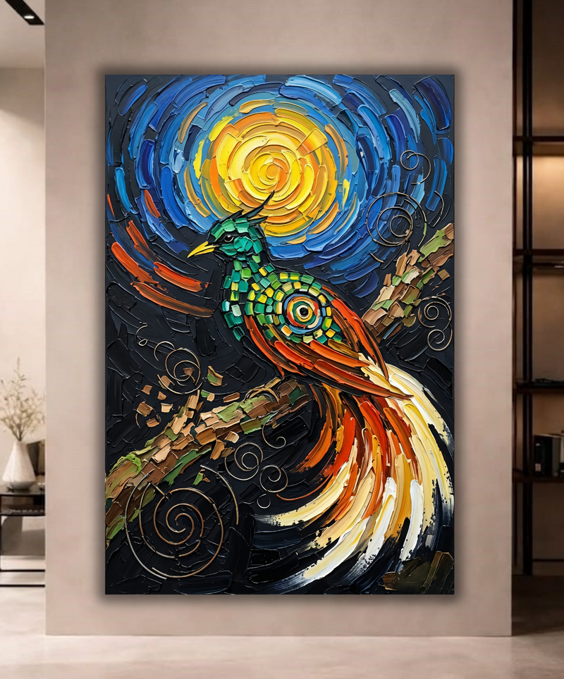 Starry Resplendence: Post-Impressionist Mosaic Bird Wall Art