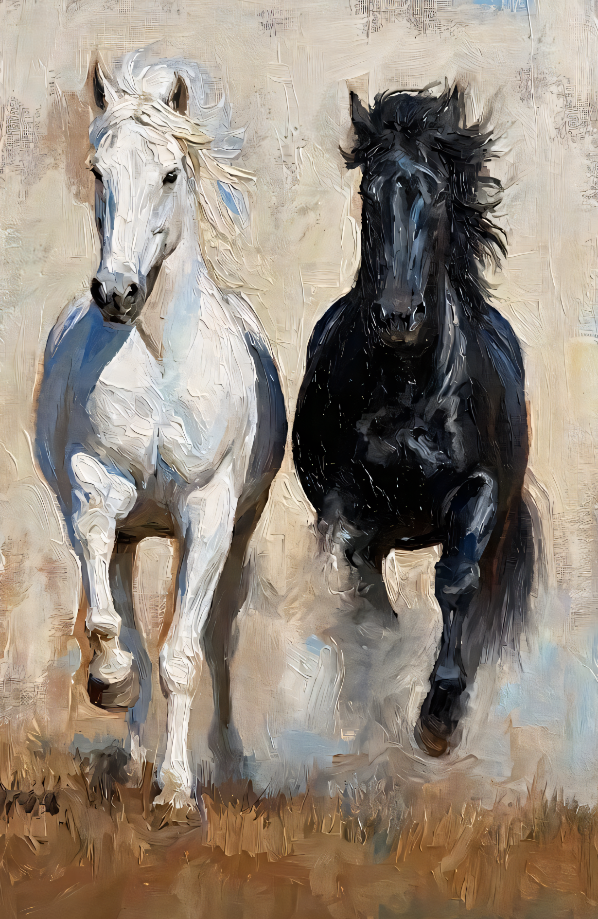 Dual Majesty: Black and White Horses Canvas Art Print