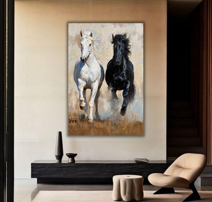 Dual Majesty: Black and White Horses Canvas Art Print