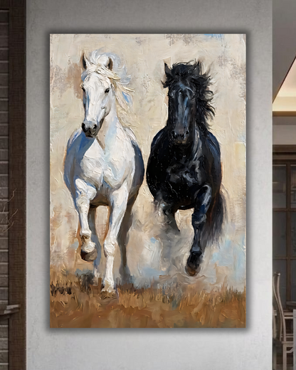 Dual Majesty: Black and White Horses Canvas Art Print