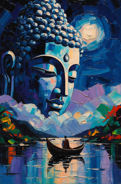 Starry Pilgrimage: Post-Impressionist Night Sky Buddha Wall Art