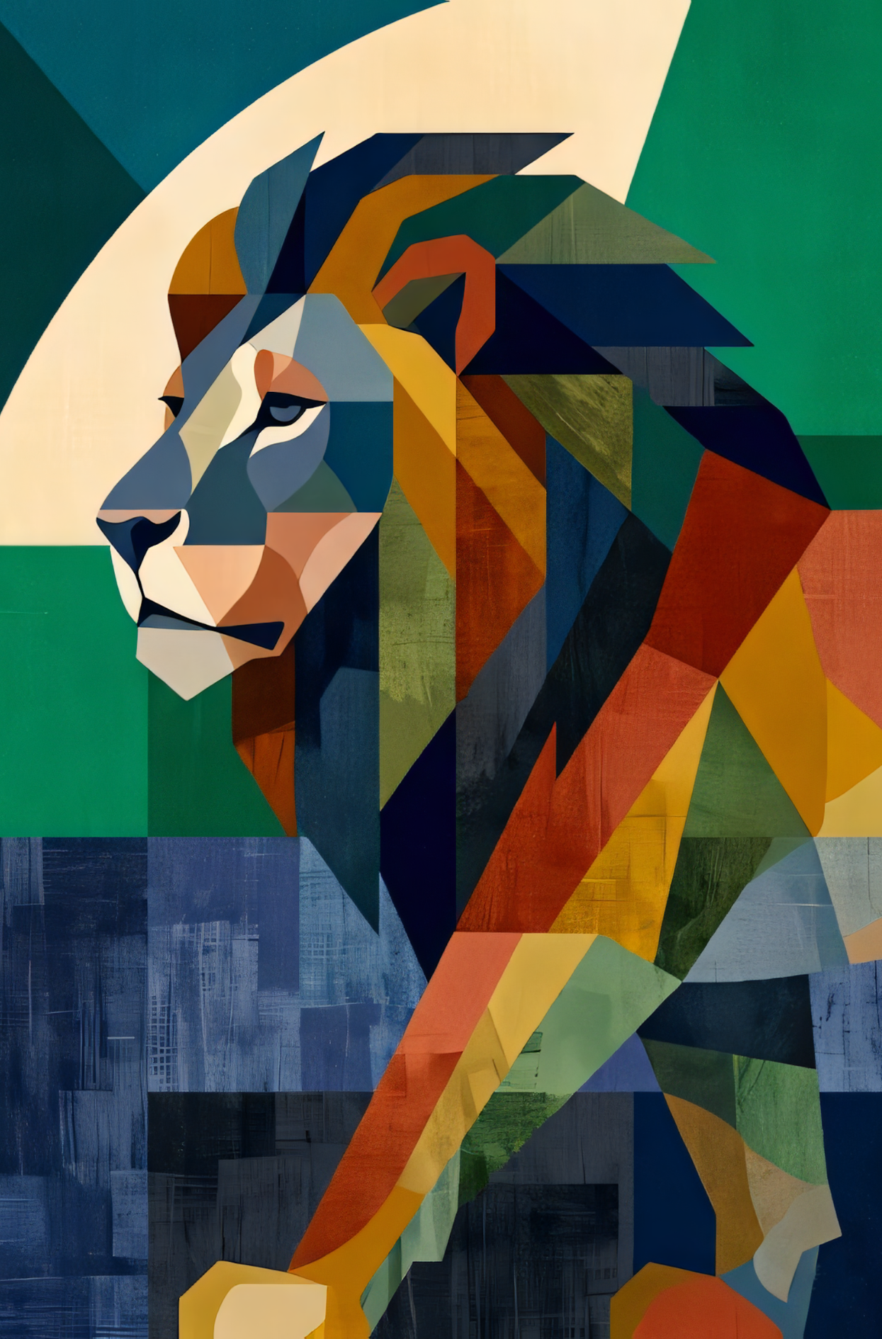 Geometric Apex: Modern Cubist Multi-Color Lion Canvas Art Print