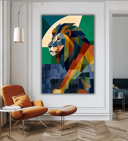 Geometric Apex: Modern Cubist Multi-Color Lion Canvas Art Print