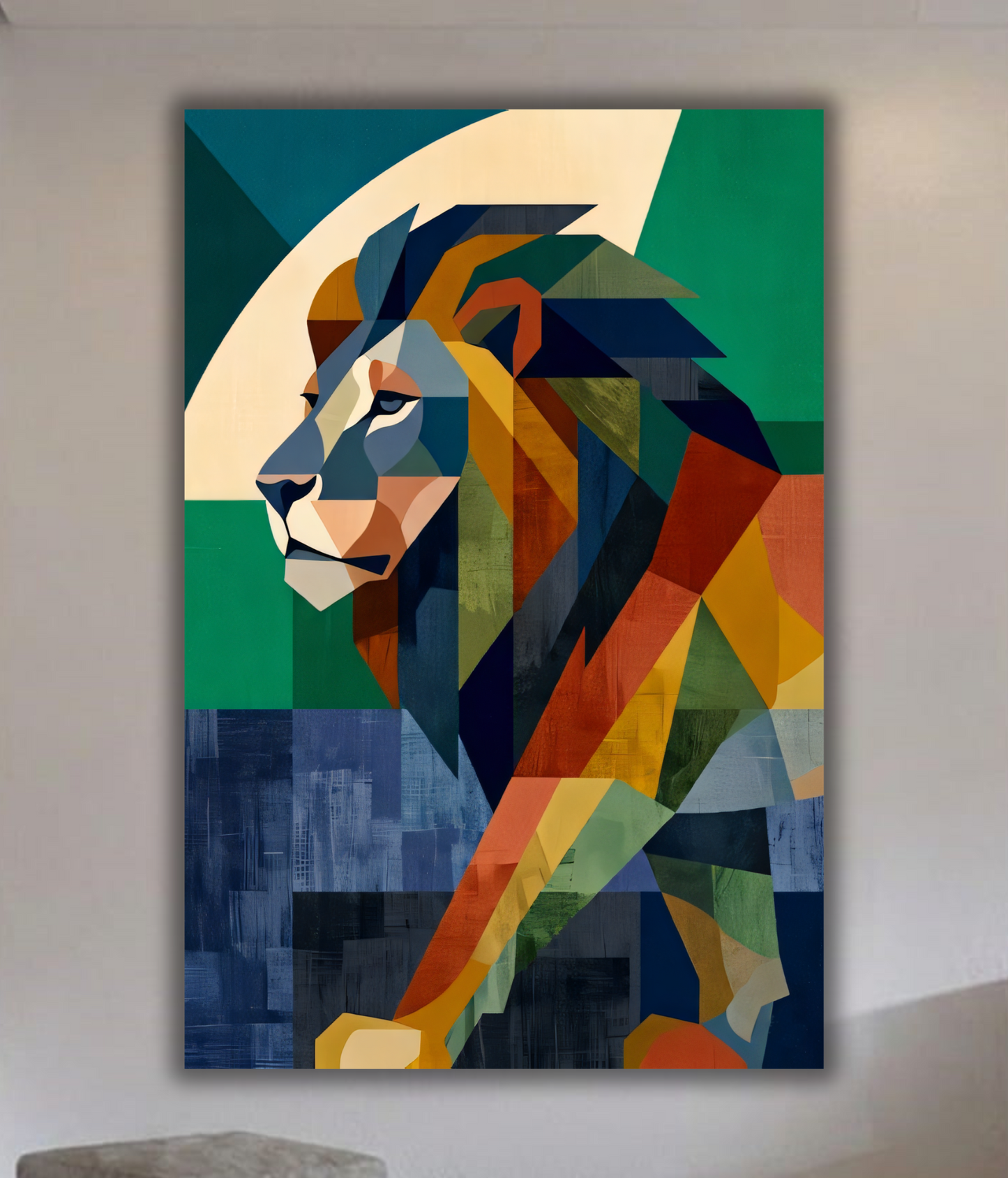 Geometric Apex: Modern Cubist Multi-Color Lion Canvas Art Print